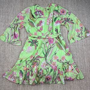 🌿 Banjanan Floral Wrap Mini Dress | M | Lime Green Botanical